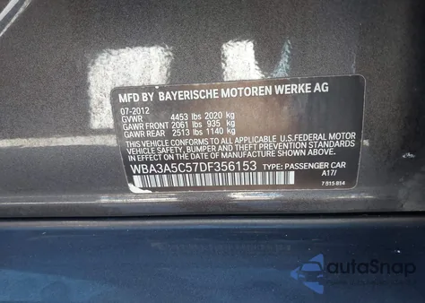 2013 BMW 328I из США, поврежденный, VIN WBA3A5C57DF356153